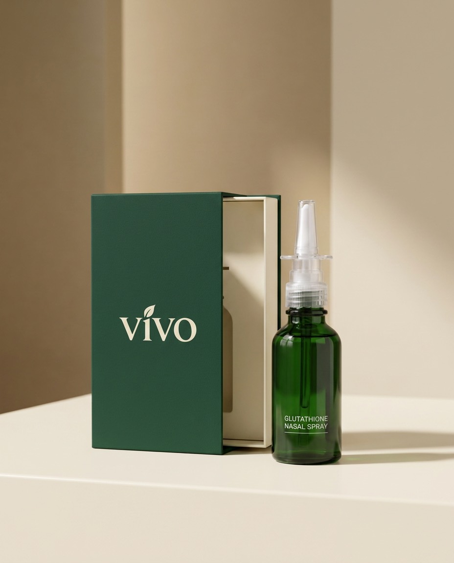 Vivo Glutathione nasal spray bottle beside its opened forest green Vivo carton