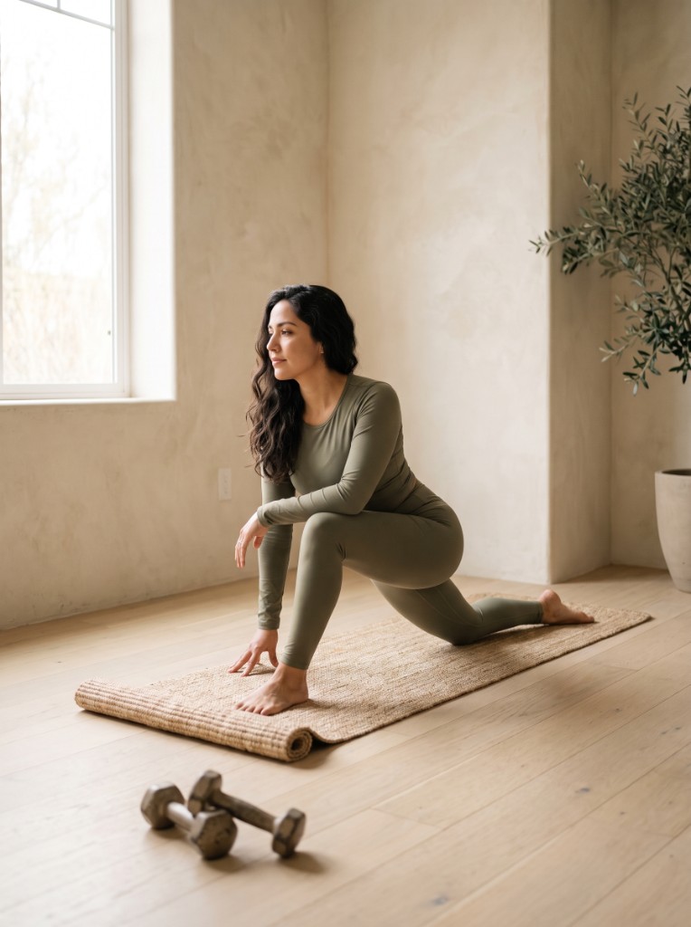 Woman in olive activewear in a low lunge on a woven yoga mat in a sunlit room