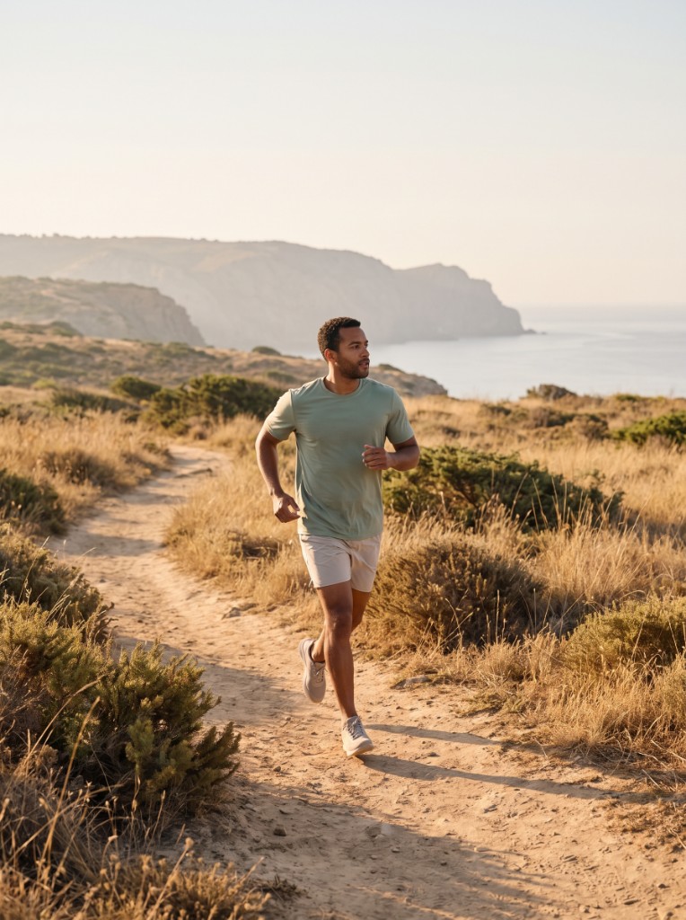 A man jogging a coastal trail in a sage t-shirt and beige shorts