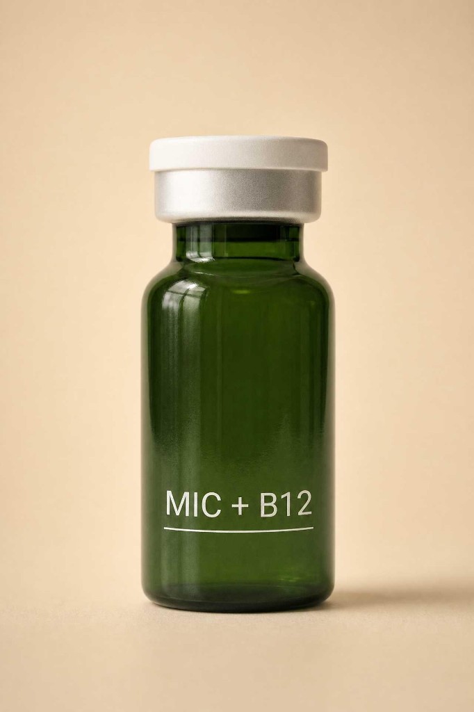 Vivo MIC+B12 in a dark green glass vial with a silver band and white cap on a warm tan surface