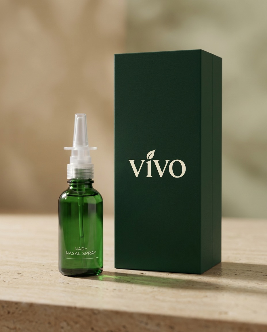 Vivo NAD+ nasal spray bottle beside its forest green Vivo carton on a travertine surface