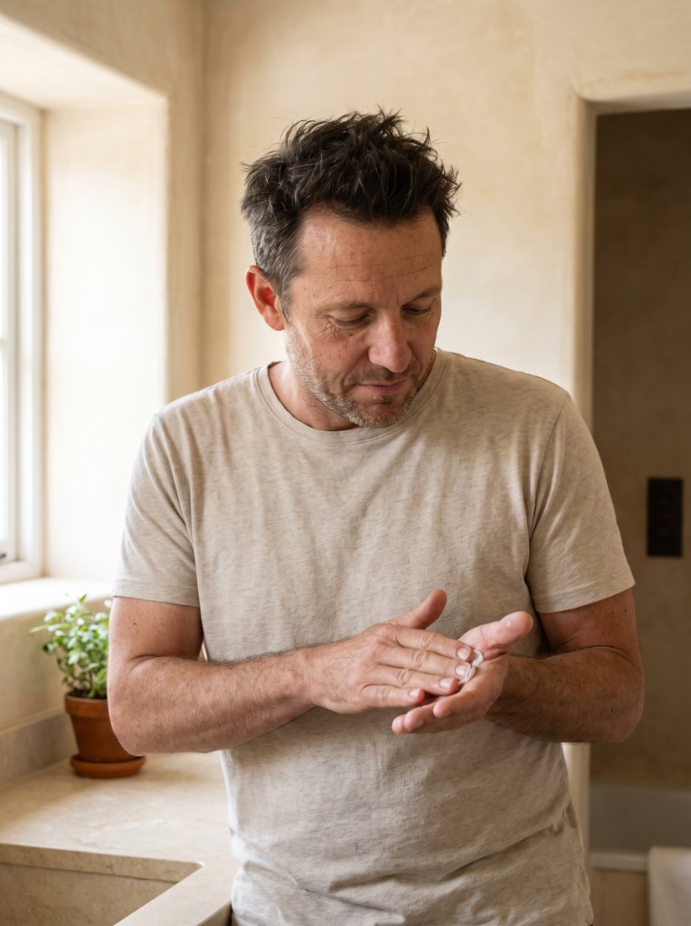 A man in a beige t-shirt applying cream from his palm in a sunlit bathroom