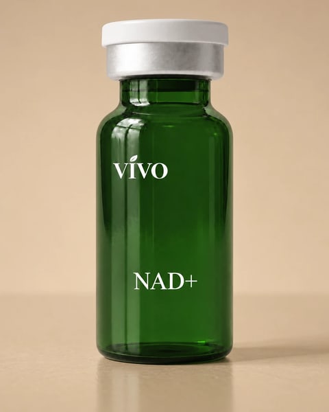 Vivo NAD+ injection — forest green glass vial with a silver collar and white cap, studio close-up