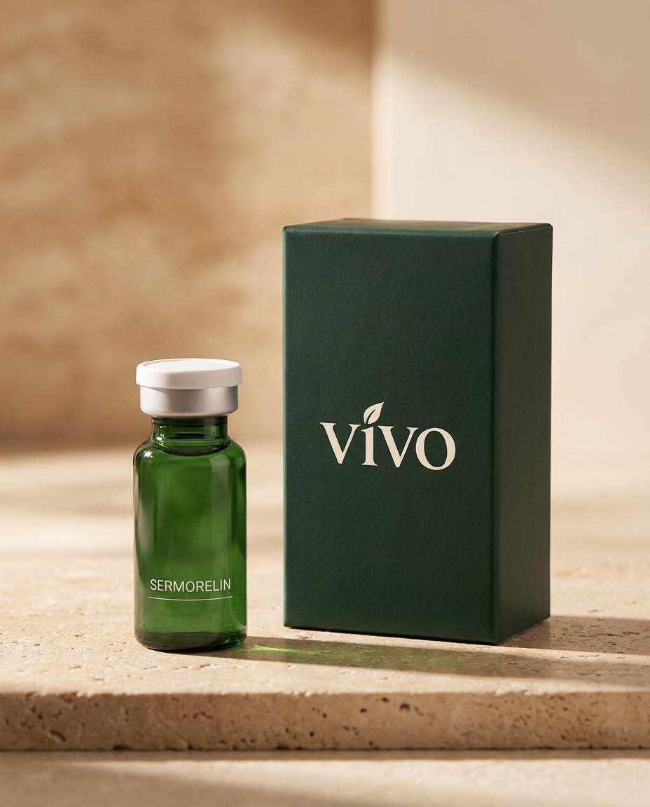 Vivo Sermorelin vial beside its forest green Vivo carton on a travertine surface
