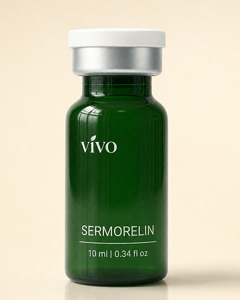 Vivo Sermorelin in a forest green glass vial with a silver cap, studio photograph