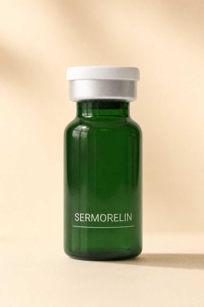 Vivo Sermorelin in a forest green glass vial with a silver collar and white cap on a warm tan surface