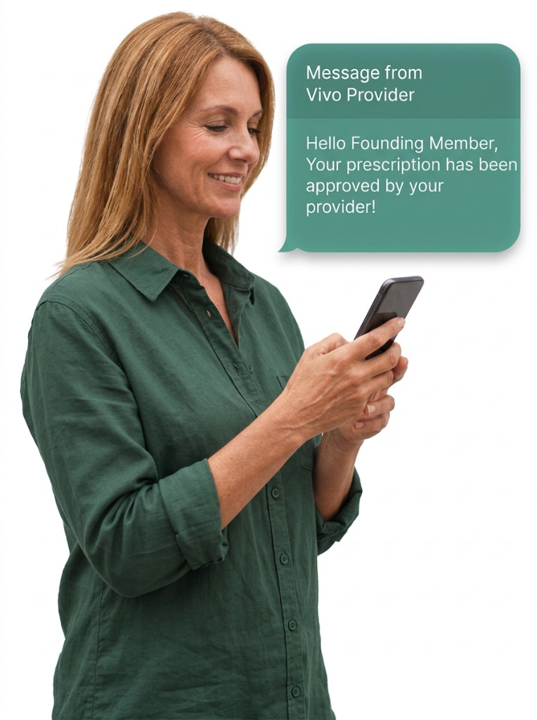 A patient smiling at a phone message from a Vivo provider confirming their prescription was approved