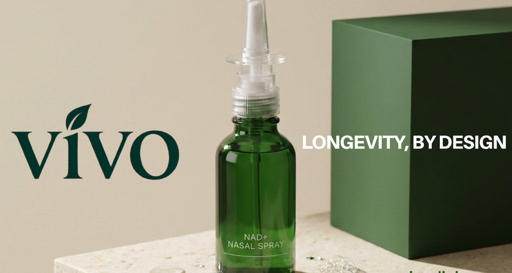 Vivo NAD+ Nasal Spray, Glutathione Nasal Spray, and Sermorelin vials on a stone surface