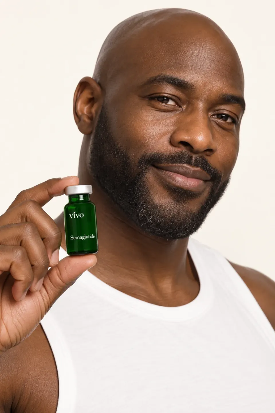 Man in a white tank top holding a Vivo Semaglutide vial