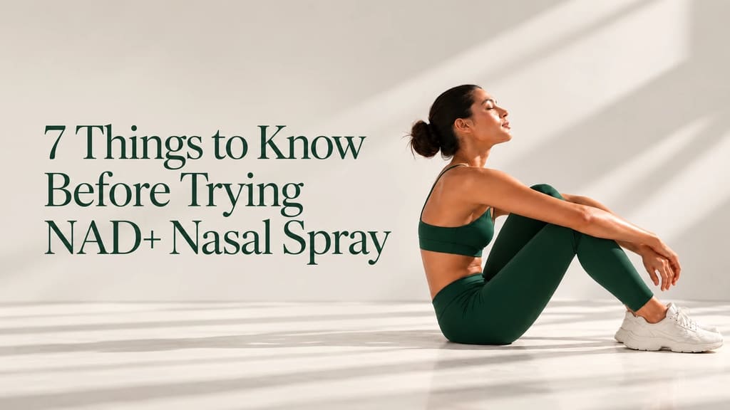 7 Things to Know Before Trying NAD+ Nasal Spray. A model in a green sports set sits on a sunlit floor, eyes closed.