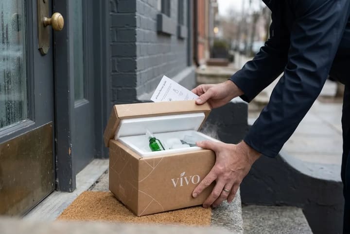 A person on a doorstep opening a cardboard delivery box with an insulated liner