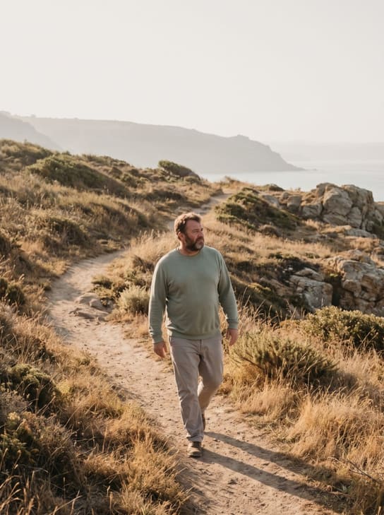 A man walking a coastal trail in a sage sweatshirt and taupe pants