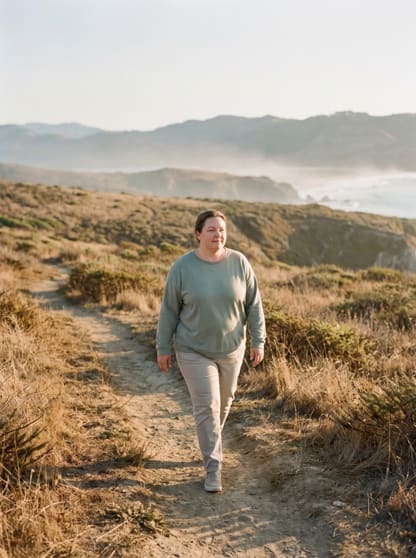 A woman walking a coastal trail in a sage sweatshirt and taupe pants