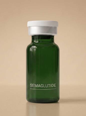 A dark green glass vial labeled Semaglutide standing on a tan background
