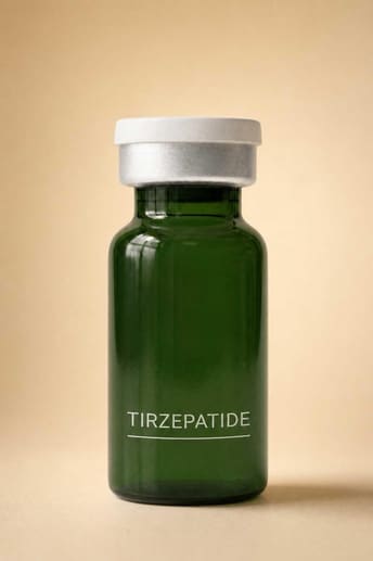 A dark green glass vial labeled Tirzepatide standing on a warm cream background