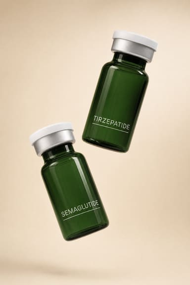 Two dark green glass vials labeled Semaglutide and Tirzepatide against a warm sand background
