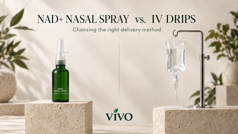 A Vivo NAD+ Nasal Spray bottle and an IV drip bag, each on a travertine plinth