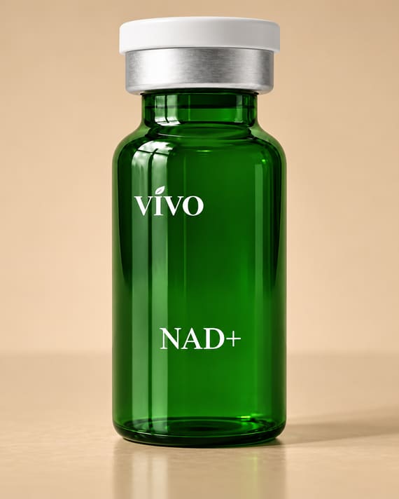 Vivo NAD+ injectable in a green vial with a silver collar and white cap on a tan background