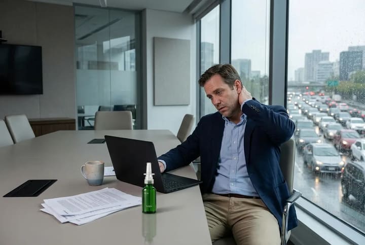 A man in a suit at a laptop in an office, rubbing his neck, with heavy traffic visible through the window