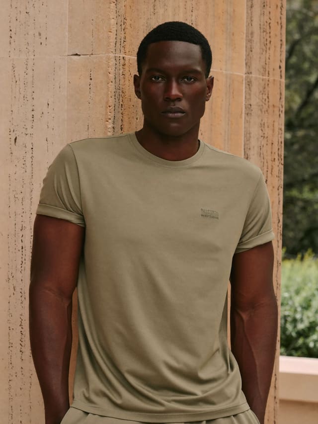 Model in an olive T-shirt standing in front of a travertine column