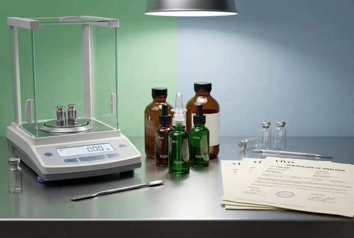 A pharmacy lab bench with an analytical balance, amber bottles and paperwork