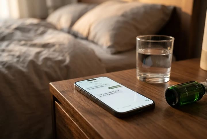A smartphone on a wooden nightstand beside a glass of water