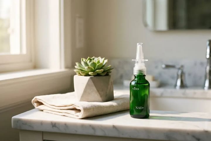 A green NAD+ nasal spray bottle on a bathroom counter next to a folded towel and a small succulent