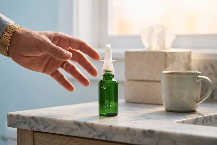 A hand reaching for a green nasal spray bottle on a marble counter