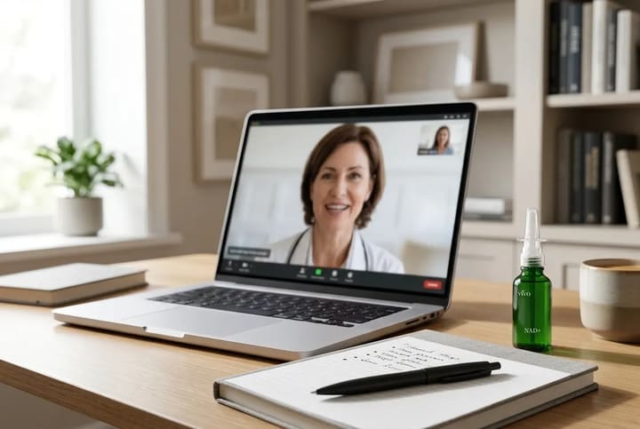 A laptop on a desk showing a video call with a provider, beside a notebook and a green spray bottle
